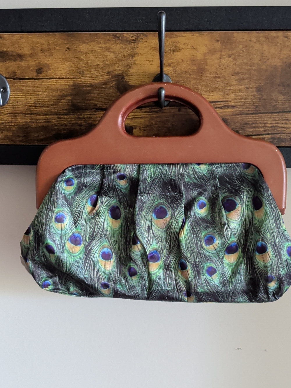 Aldo Peacock Feather Print Clutch with Brown Handle
